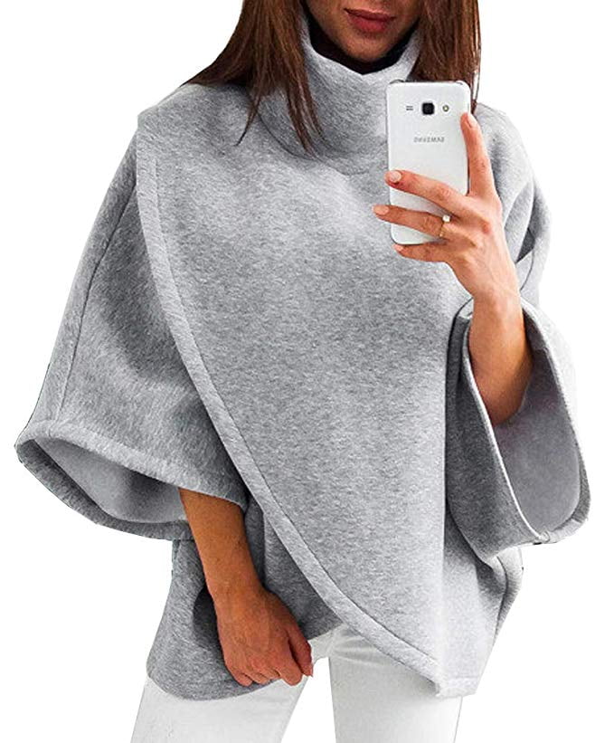 Pink Queen Women's Fleece Poncho Wrap Pullover Turtleneck Batwing Sleeve Sweater, Size: Medium, Gray