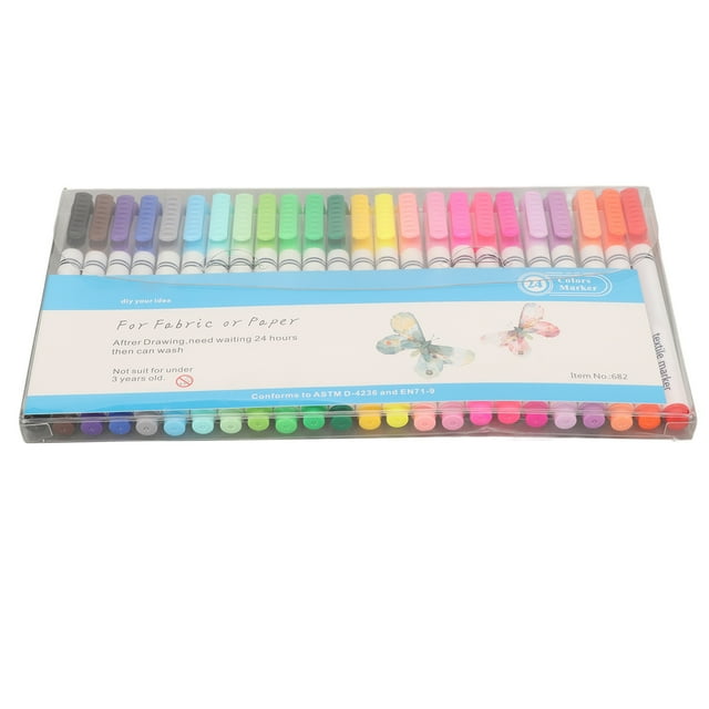Marqueurs Graffiti, 24 Pcs Marqueurs pour Tissu à Pointe Fine pour Écrire, Affichés dans un Étui en Plastique Transparent. l'Ensemble Comprend 24 Couleurs Vibrantes Adaptées à la Peinture sur des Tissus comme le Coton et le polyester. les Marqueurs Sont à Séchage Rapide et Produisent des Effets Vifs et Éclatants. l'Emballage Met en Valeur Leur Utilisation pour Tissu Ou Papier et Comprend des Informations de Sécurité.