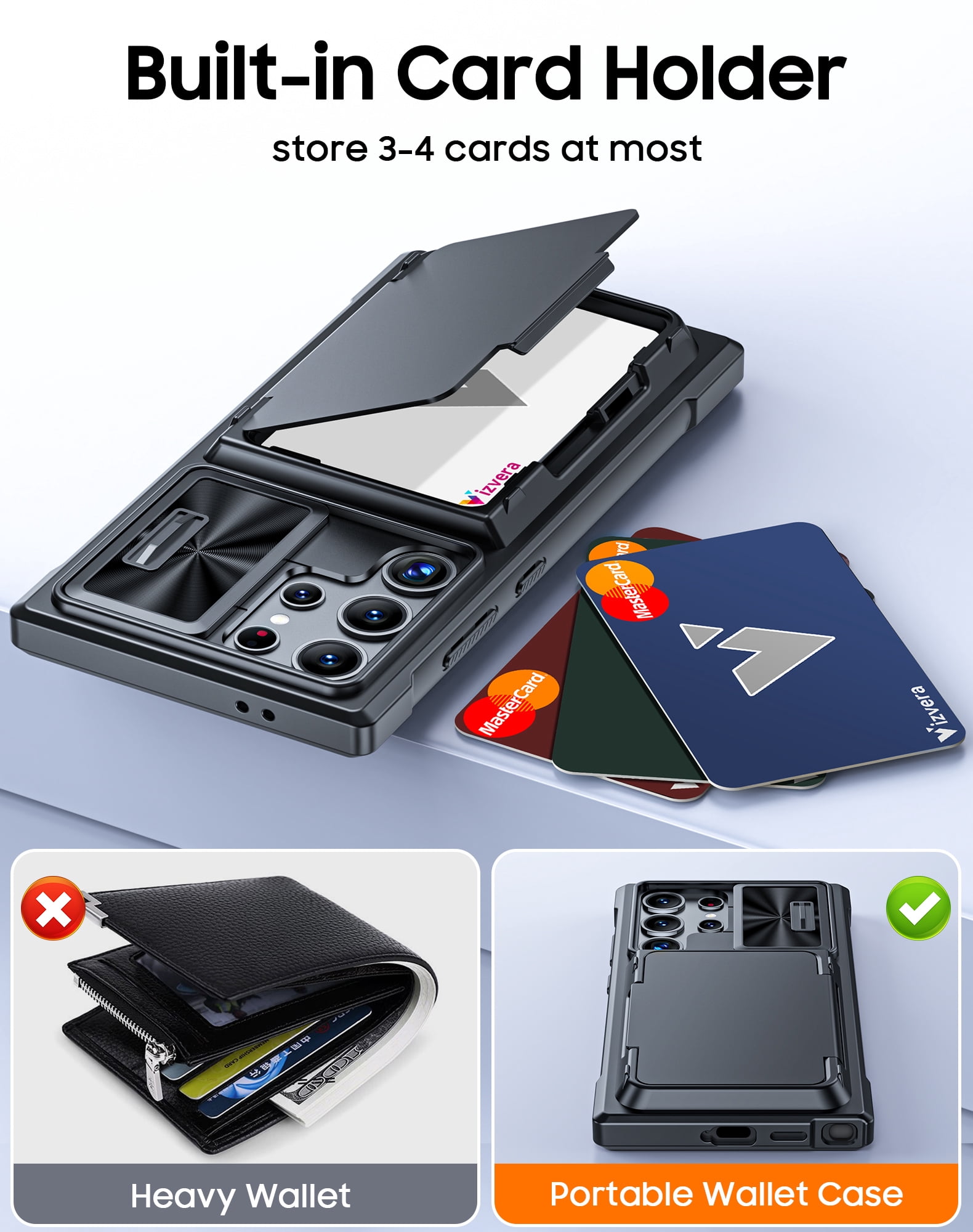 Vizvera for Samsung Galaxy S24 Ultra Phone Case with RFID Cards Holder (Store 4 Cards)&Camera Cover & Kickstand,Shockproof Silicone Case-Black