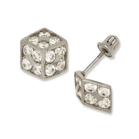 Solid 14k Beautiful CZ Gold Dice shaped Screw Back Stud Earrings (yellow and White) (White Gold)-Stud Earring for Women