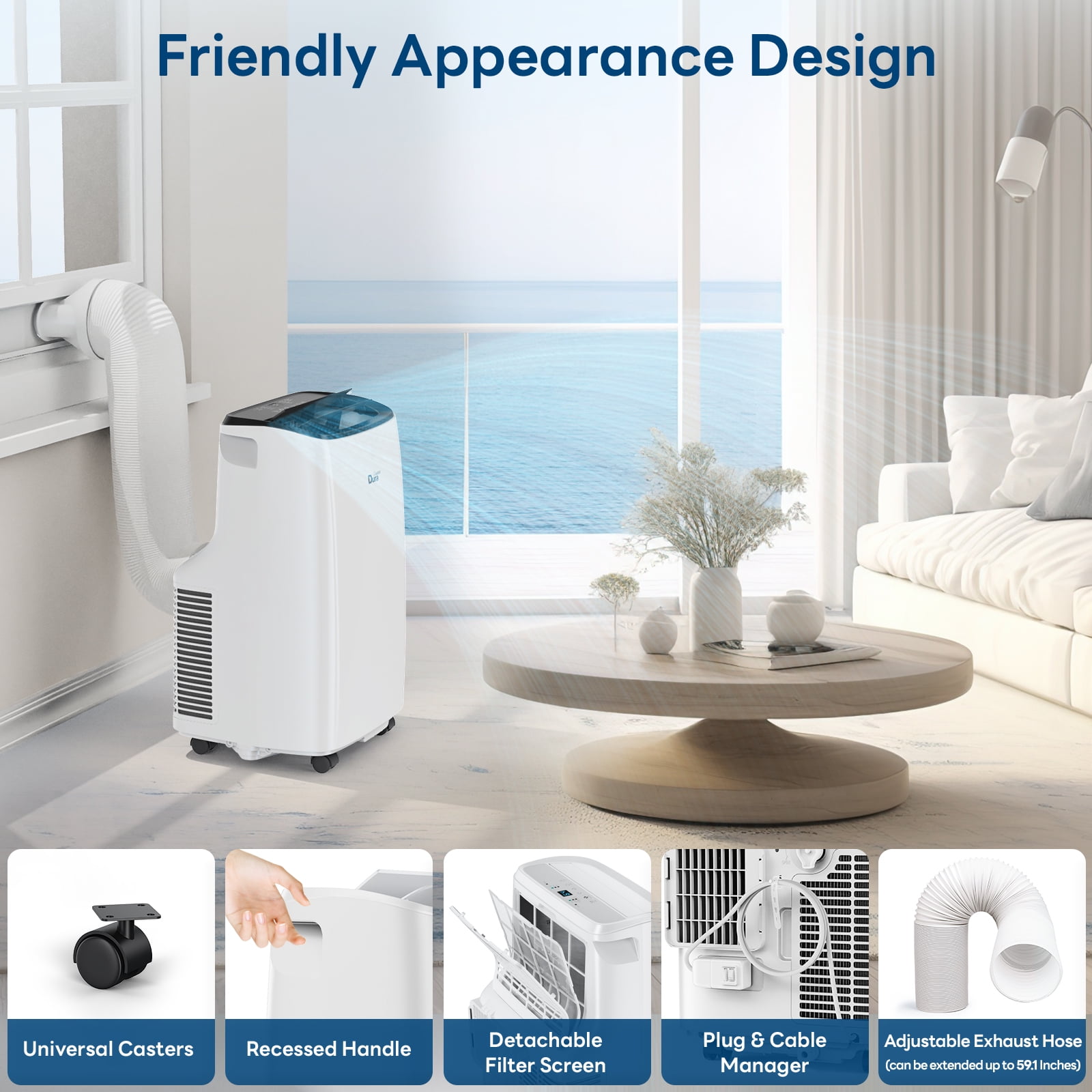 DuraComfort 12000 BTU Portable AC Unit for Apartment up to 300 Sq.Ft, Cooling with Remote, Dehumidifier and Fan, 6550 BTU (SACC), White