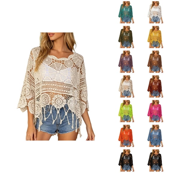 Crochet Tops for Women Summer Lightweight Hollow Out Beach Cover Up Solid Color Swimsuit Coverup 3/4 Sleeve Boho Fringe Trim Vacation Sun Shirts