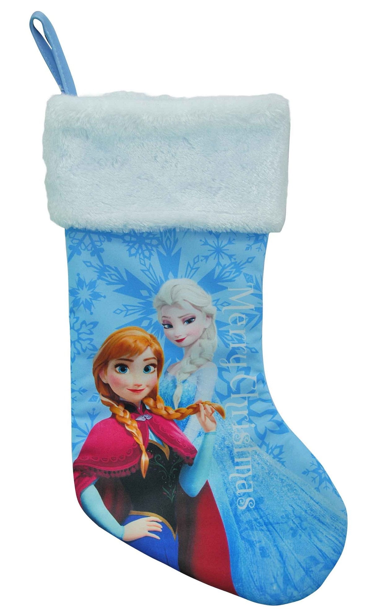 Disney Frozen Merry Christmas Stocking Blue Satin with White Fur 18