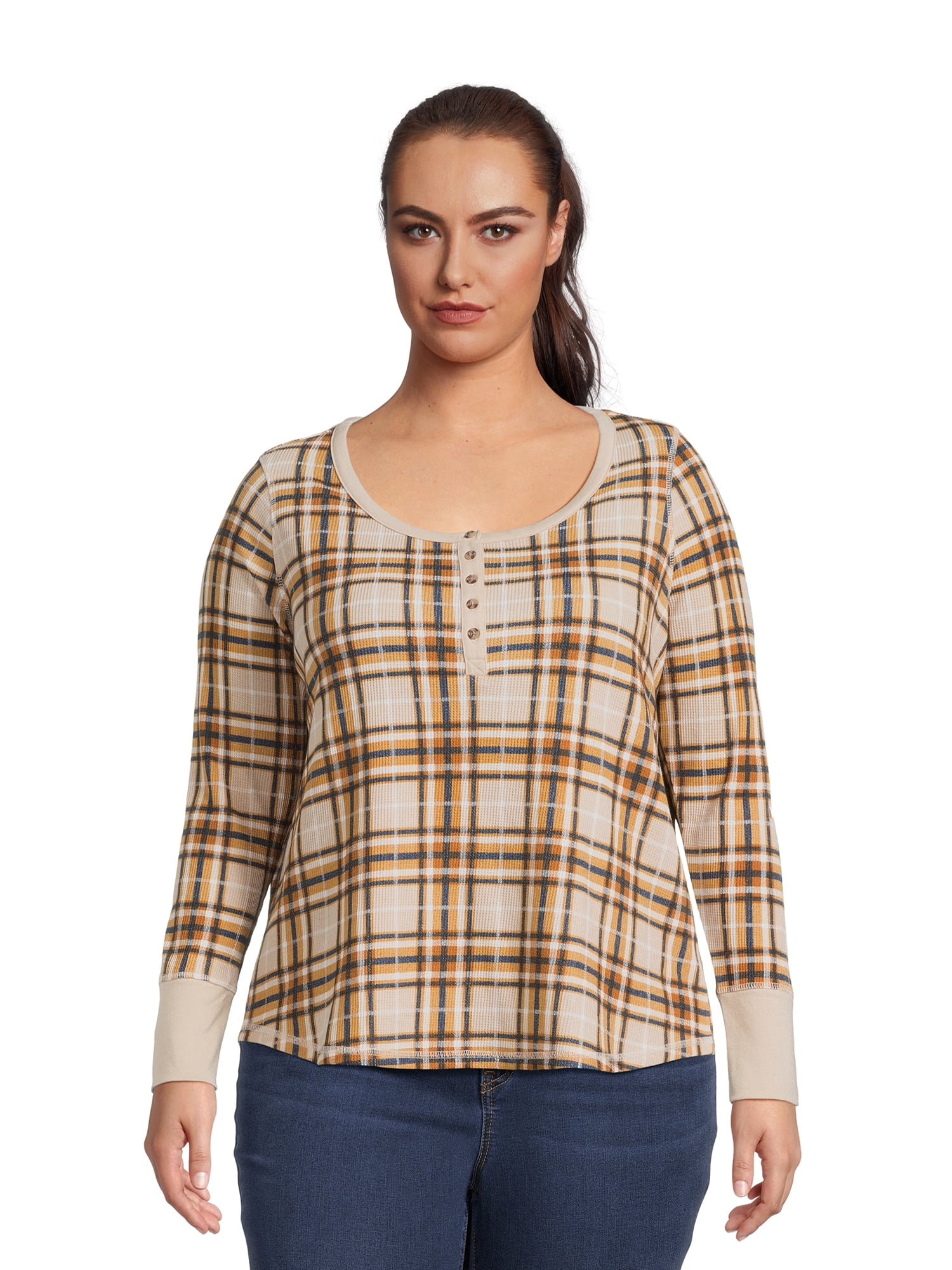Terry & Sky Women’s Plus Size Henley Waffle Tee with Long Sleeves, 2- Pack
