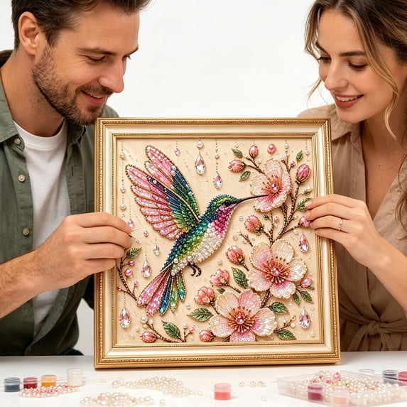 DIY Rhinestone Bead Painting Kit, Hummingbird Floral Diamond Art Set for Adults Kids Craft Decor (Frame Not Included)