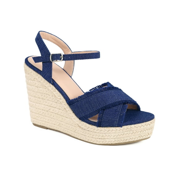 BLISSFUL STEP Women's Crisscross Fringe Strap Platform Espadrilles Wedge Heel Sandals Blue 6.5