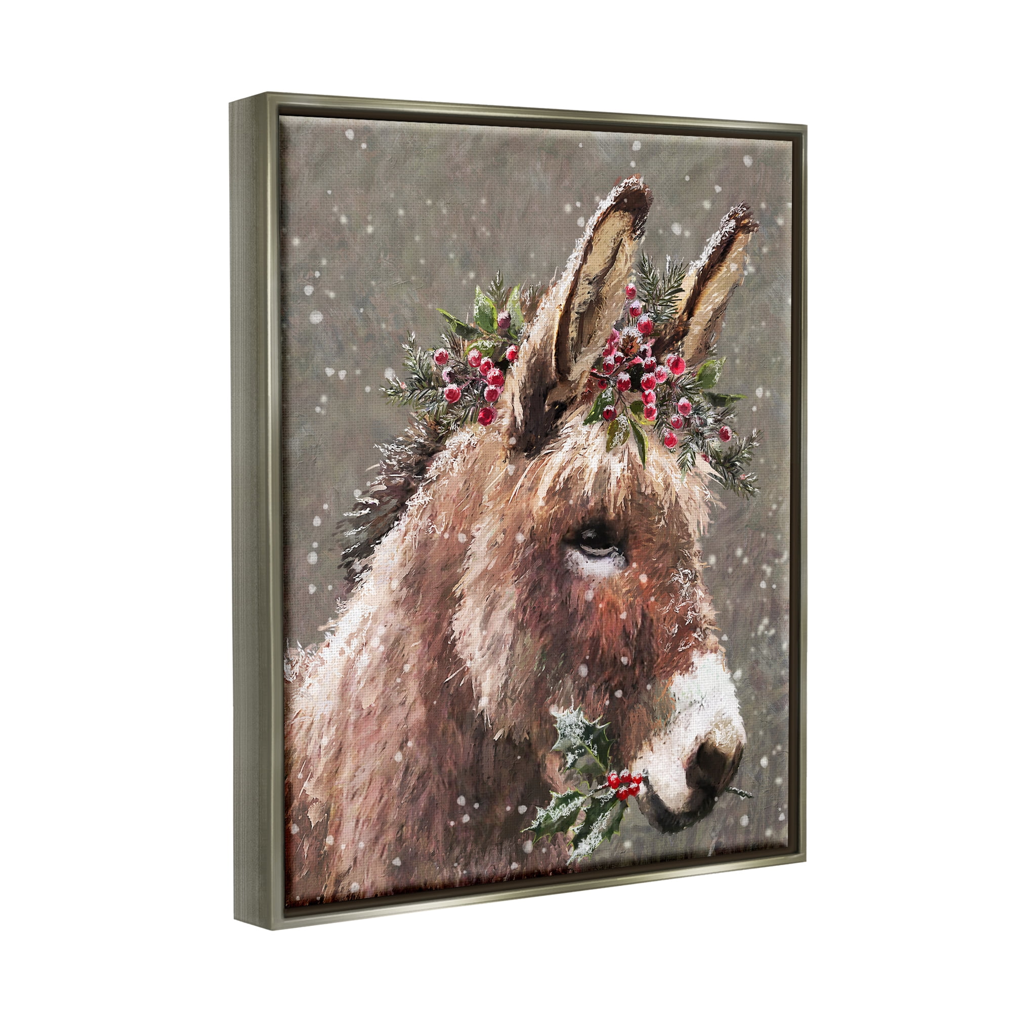 Stupell Industries Winter Donkey Snow Falling Holiday Painting Gray Floater Framed Art Print Wall Art