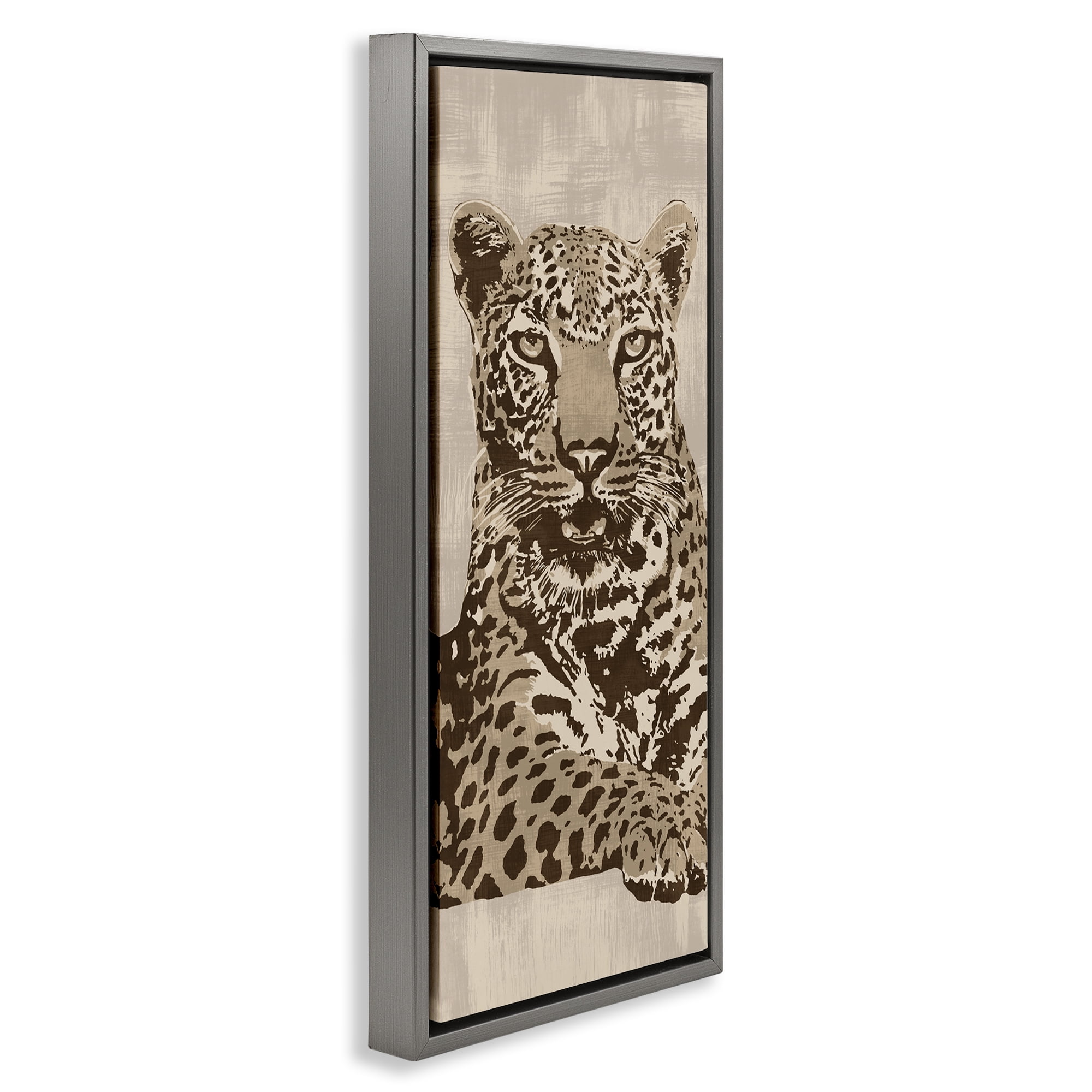 Stupell Industries Muted Fierce Leopard Animals Painting Gray Floater Framed Canvas Art Print Wall Art, 11 x 25
