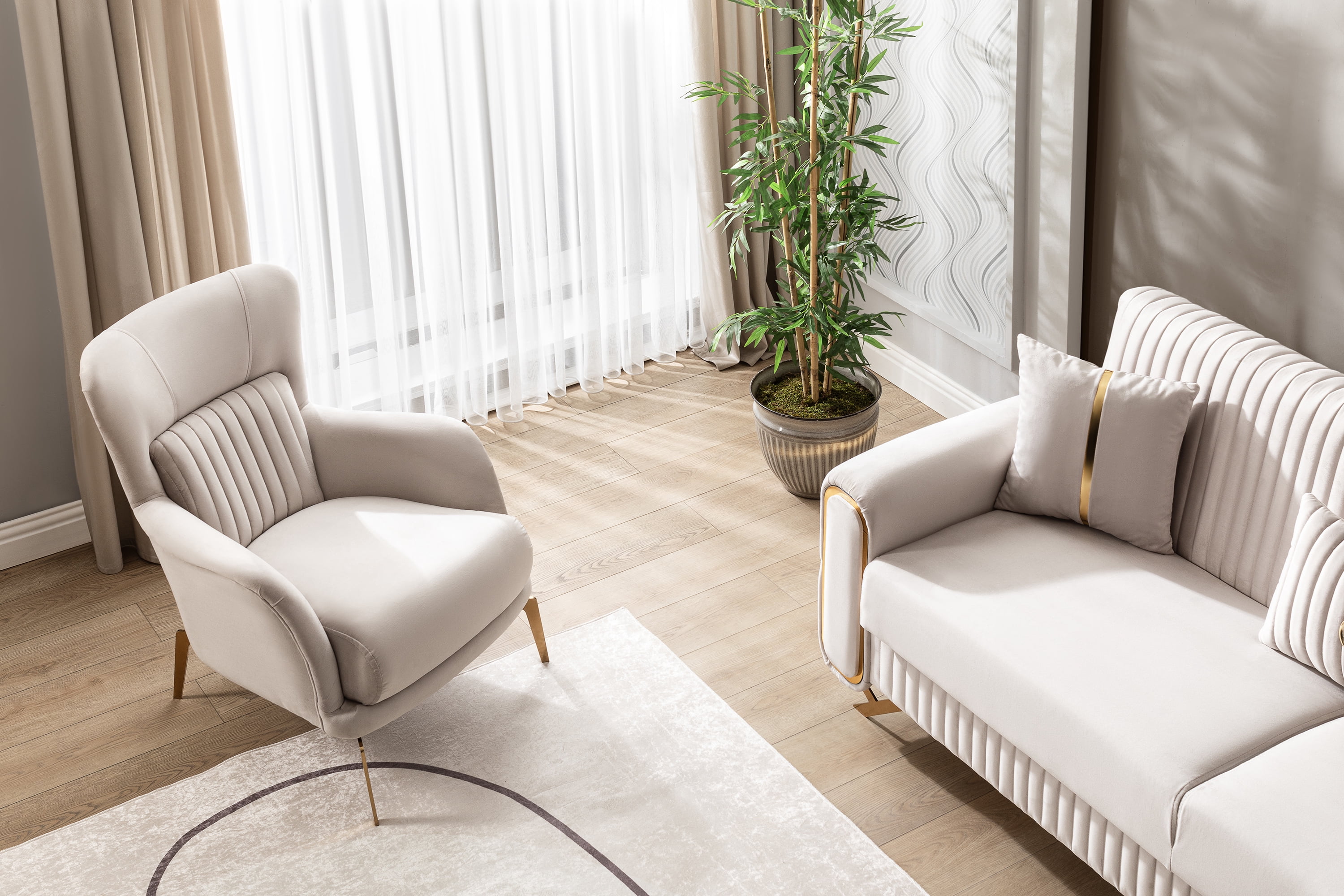 Ottomanson Wingback Accent Chair Microfiber Modern Armchair for Living Room, Beige