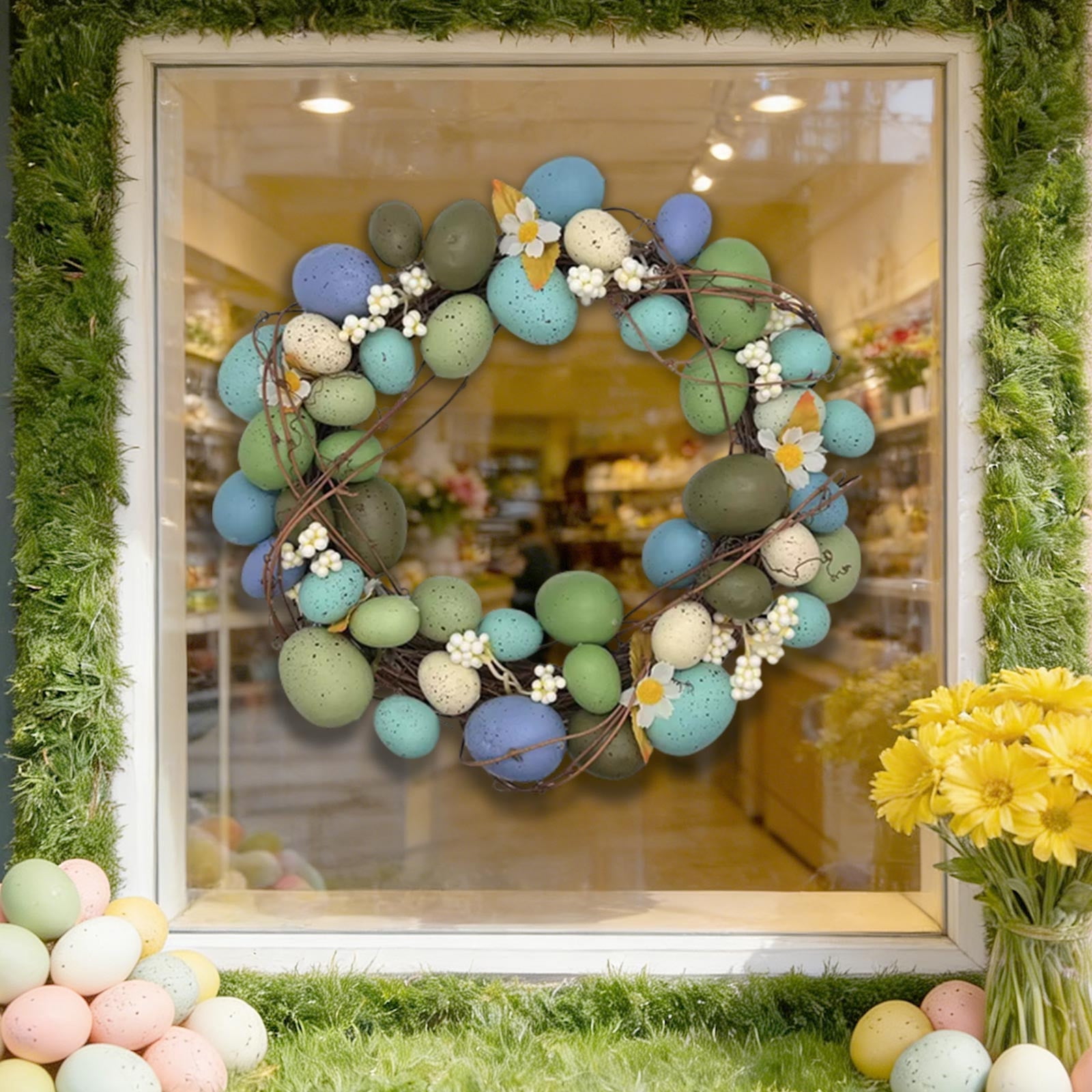 Bunny Home Decor, Easter Egg Wreath Artificial Rattan Ring Door Hanger Home Party Decor D