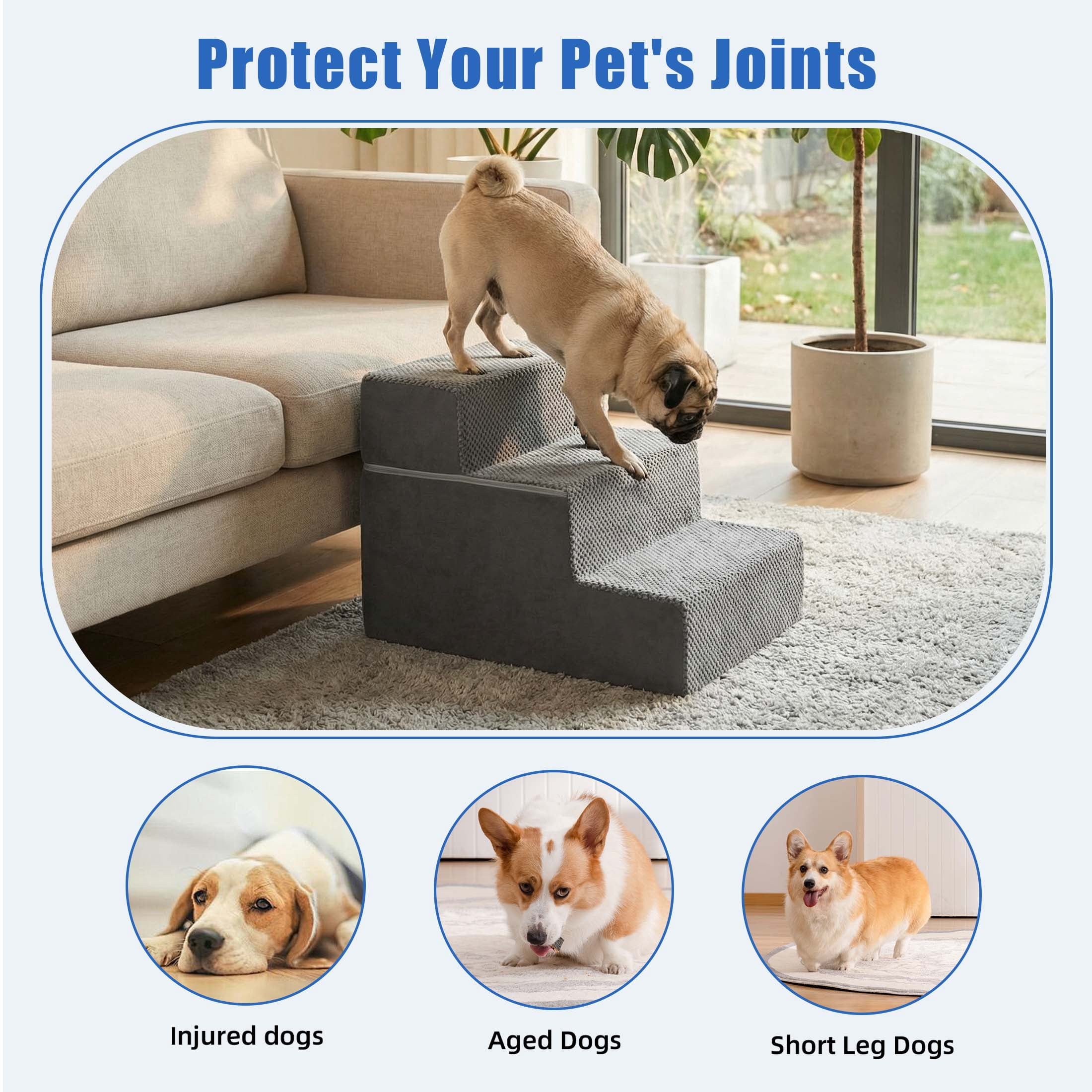EDX 3-Step 13'' Tall Dog Stairs, Right-Angle Design, Non-Slip Foam Core, Easy Clean, Indoor & Outdoor Use for High Beds & Sofas