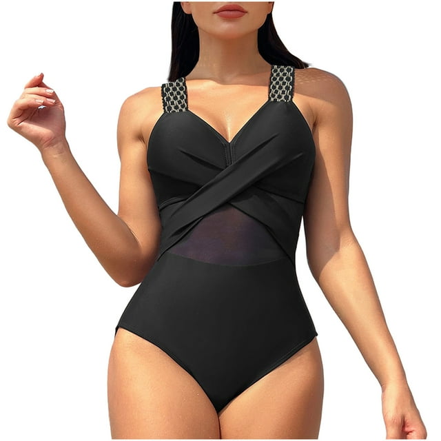 Womens Bikini Swimsuits Solid Color Mesh Patchwork Hollowed Out, Sexy High Cut Swimsuit for Summer