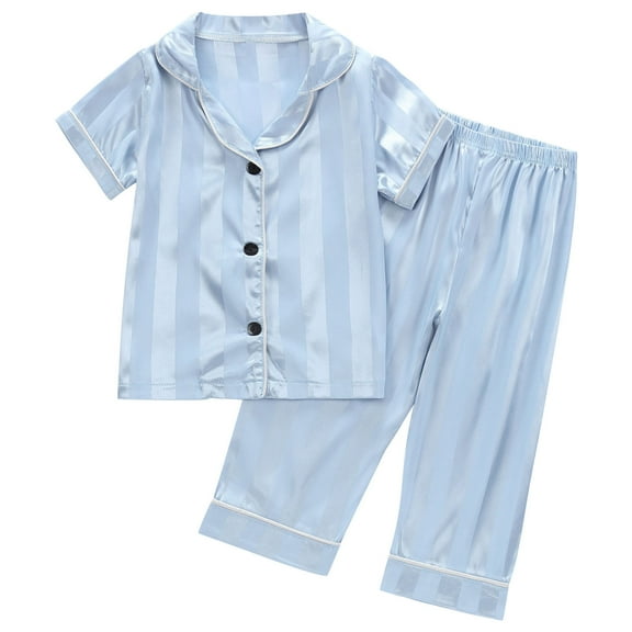ZACPNCV Pajama Set for Kid Baby Boy Girl Button-up Silk Pajama Sleepwear Nightwear Loungewear Clothes Set Gifts for Kids Blue 5-6 Years
