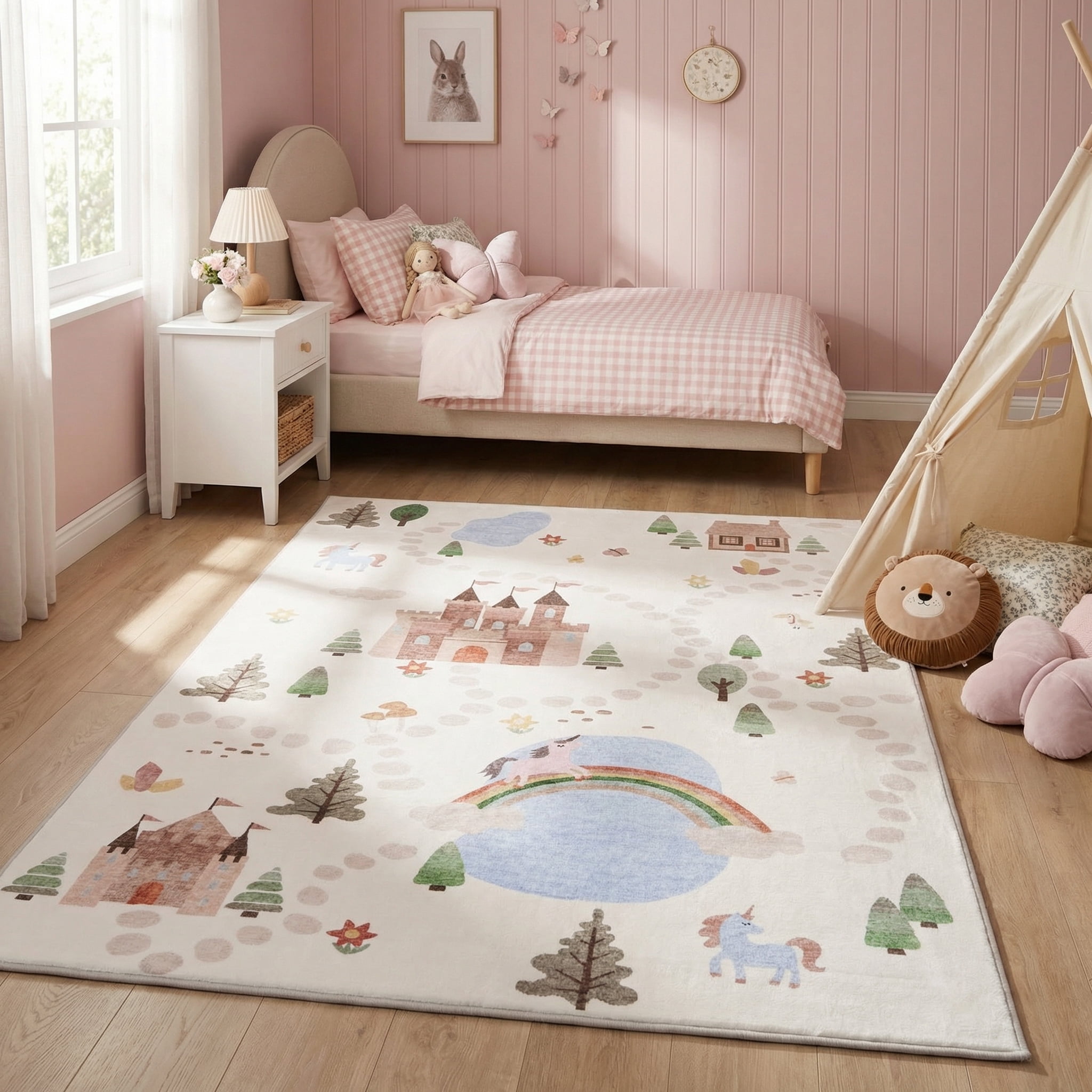 Rug Branch Soft Steps Playtime Unicorns, Castle, Road Map, Educational Soft Area Rug, White Blue - Boys & Girls in Playroom, Nursery, Bedroom