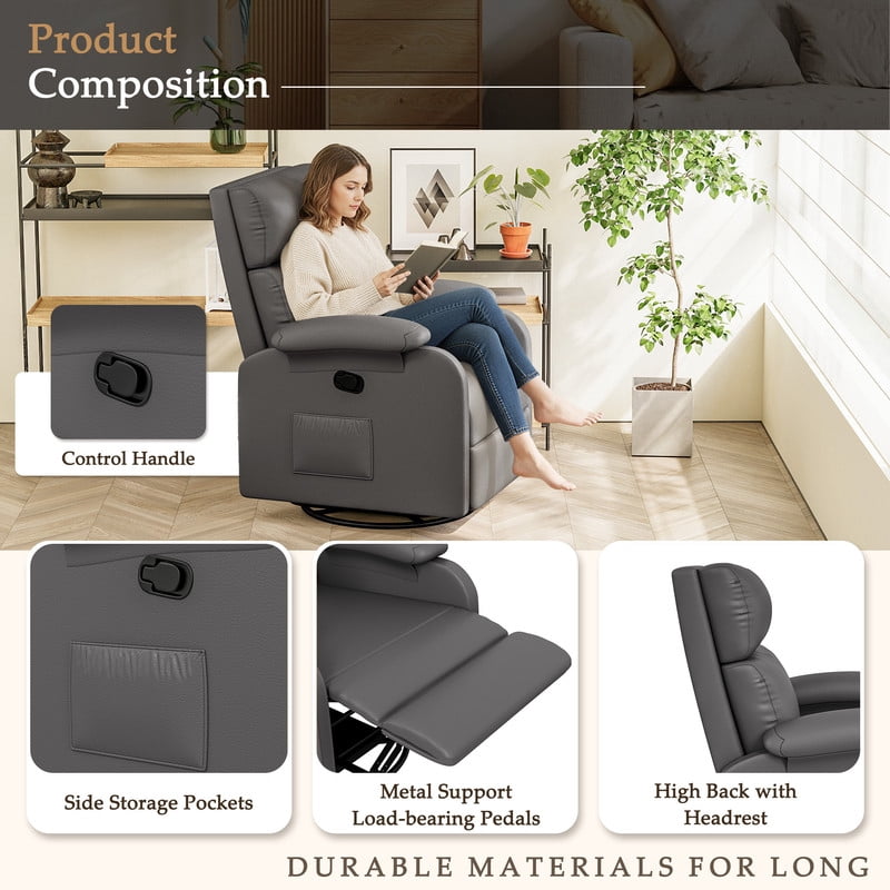 Homall 360° Massage Swivel Rocker Recliner Small Rocking PU Leather Chairs with Side Pockets for Small Spaces,Gray