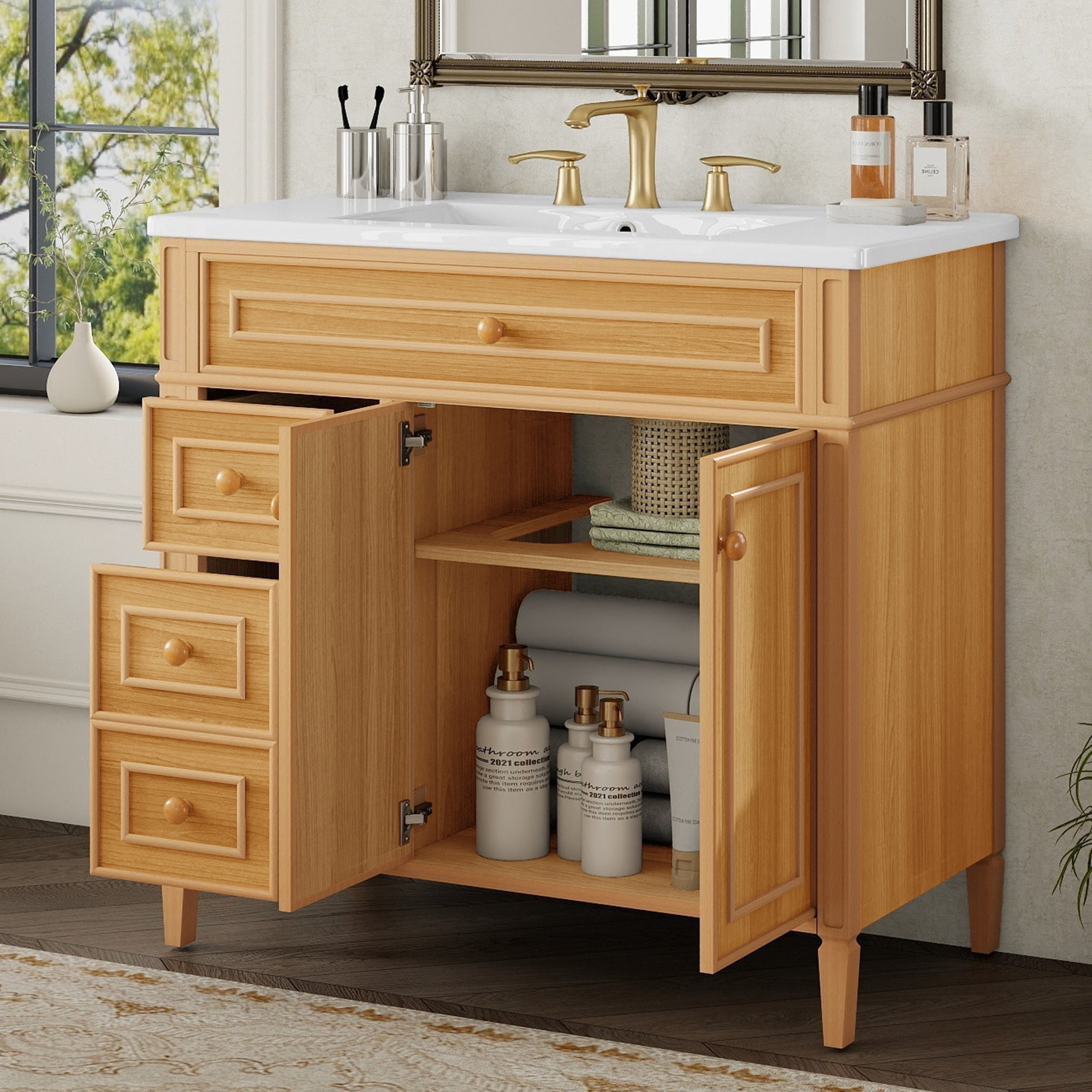 Euroco 36" Bathroom Vanity with Sink, Wood Vanity Cabinet with Flip-Out Drawer, 3 Drawers, 2 Soft-Close Doors, Solid Wood & MDF, Elegant Rubber Wood Handles