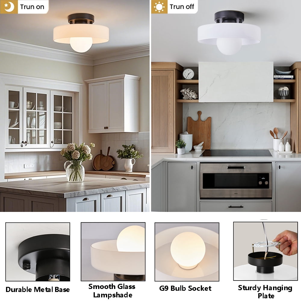 Mid-Century Modern Semi Flush Mount Ceiling Light, Kitchen Ceiling Light Fixture with Glass Shade,Vintage Close to Ceiling Lamp for Entryway Hallway Bathroom