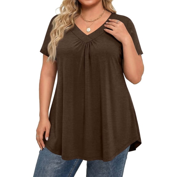Trendy V Neck Pleated T Shirts for Women Plus Size Short Sleeve Tops Comfortable Soft Solid Color Loose Fit Curved Hem Dressy Summer Tees Coffee 5XL