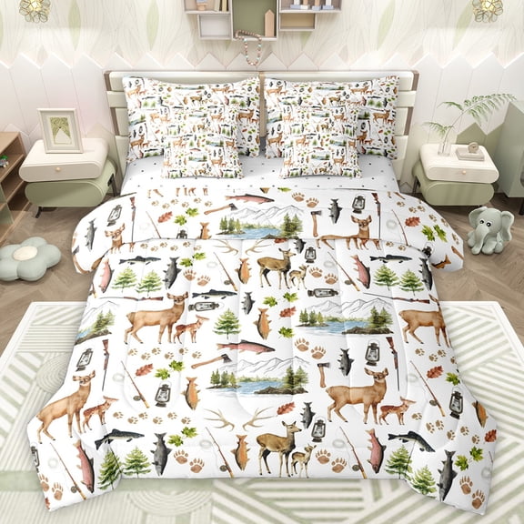 Castle Fairy Kids Children Teens Animal Deer Big Bass Fish Twin Bedding Sets 7-Piece,Wildlife Fishing And Hunting Bedding Comforter Set Microfiber,Moutain Woodland Breathable Sheet Sets