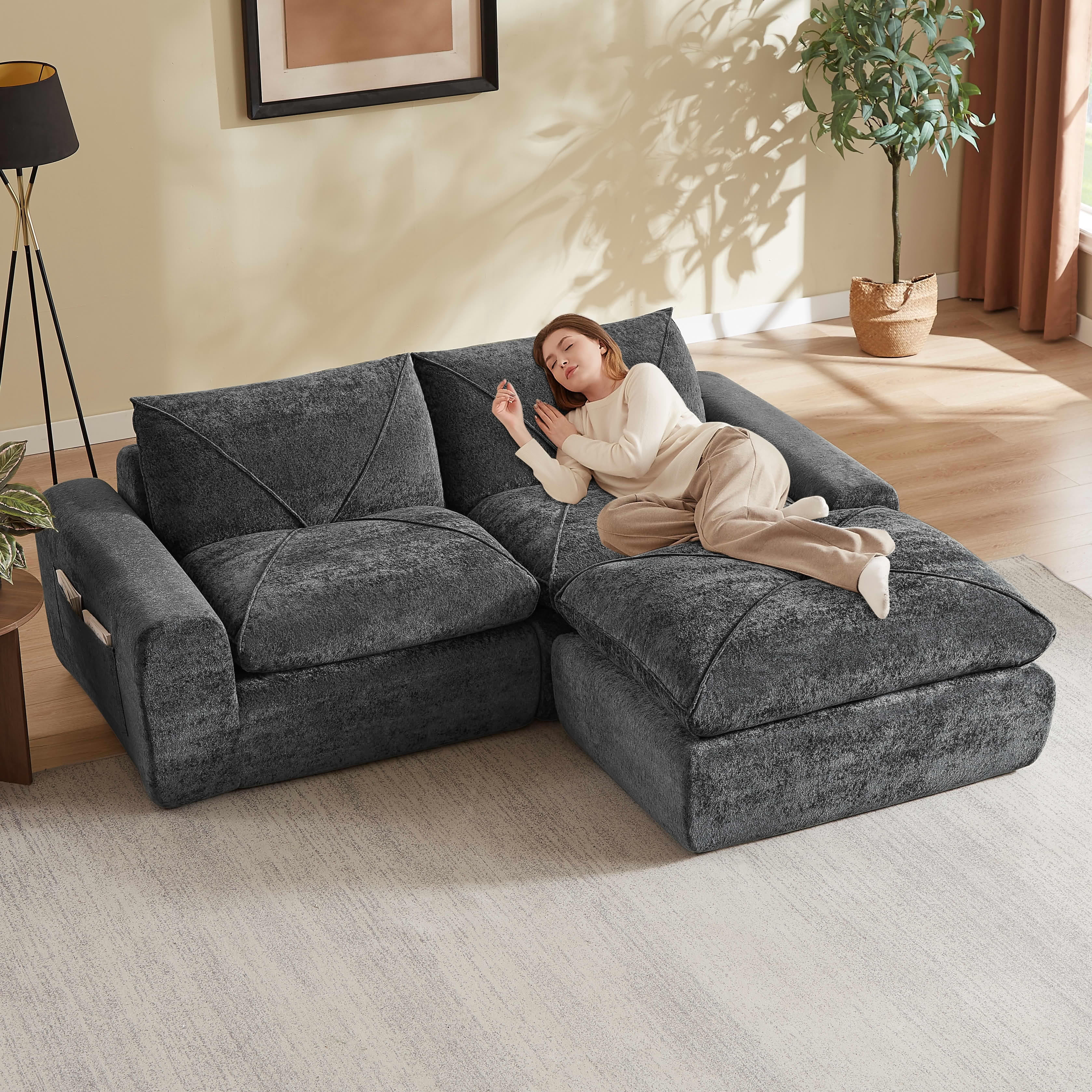 MAYEERTY 85" Dark Gray Chenille Modular Sectional Sofa, Spring Support with Ottoman for Living Room Apartment