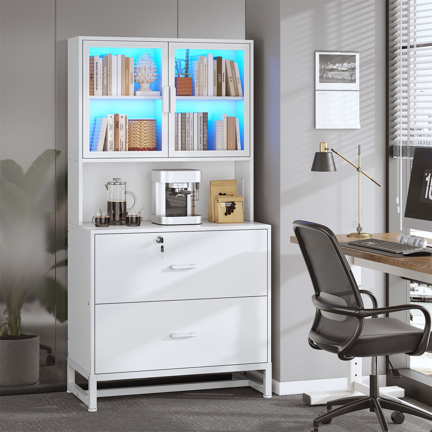 File Cabinet with Power Outlets and LED Lights, Vertical Filing Cabinet with 2 Lockable Drawers, Large Cabinet with Glass Doors for Office, White