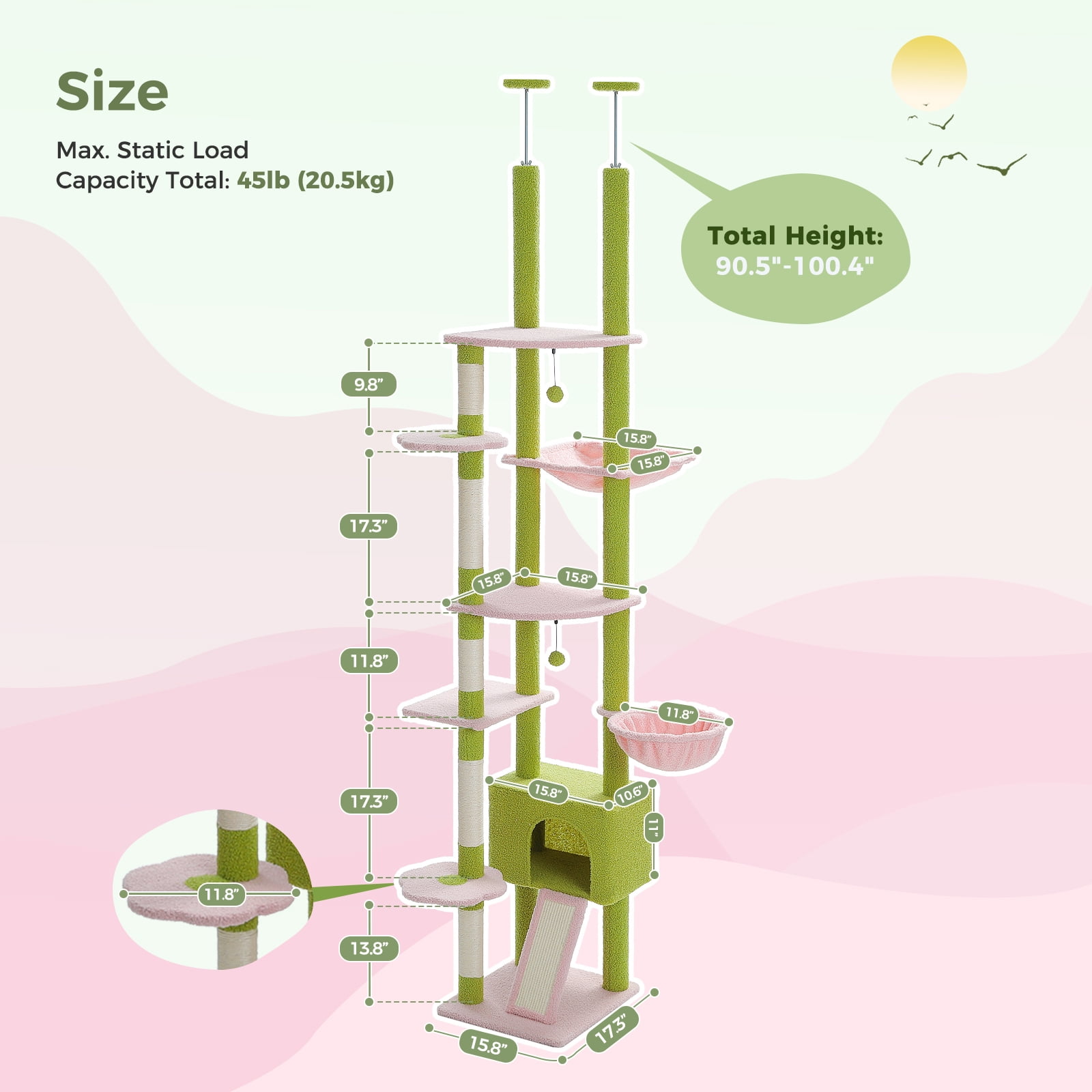 Kadyn Adjustable Height(85-112 in) Cat Tree Tower Floor to Ceiling with 7 Tiers Cat Climbing Activity Center, Cozy Hammocks, 5 Platforms for Indoor Cats, Green
