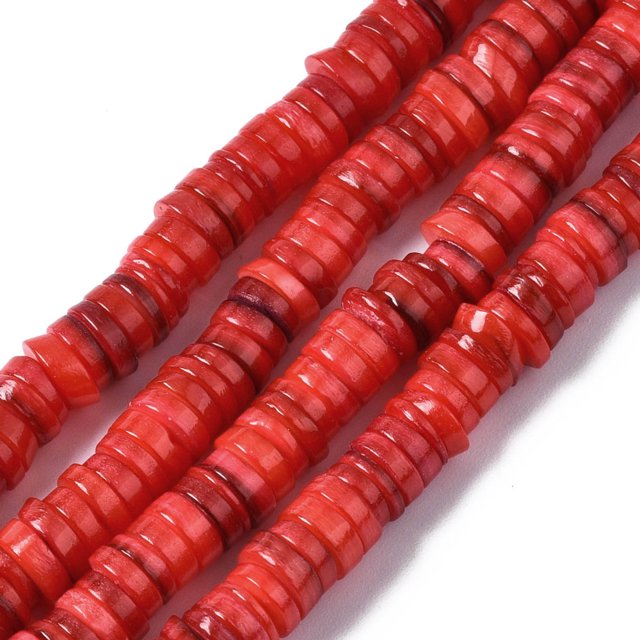 Natural Freshwater Shell Beads Strands Dyed Flat Round/Disc Heishi Beads Orange Red 5~6x1~2mm Hole: 1mm about 205~215pcs/strand 15.35 inch(39cm)