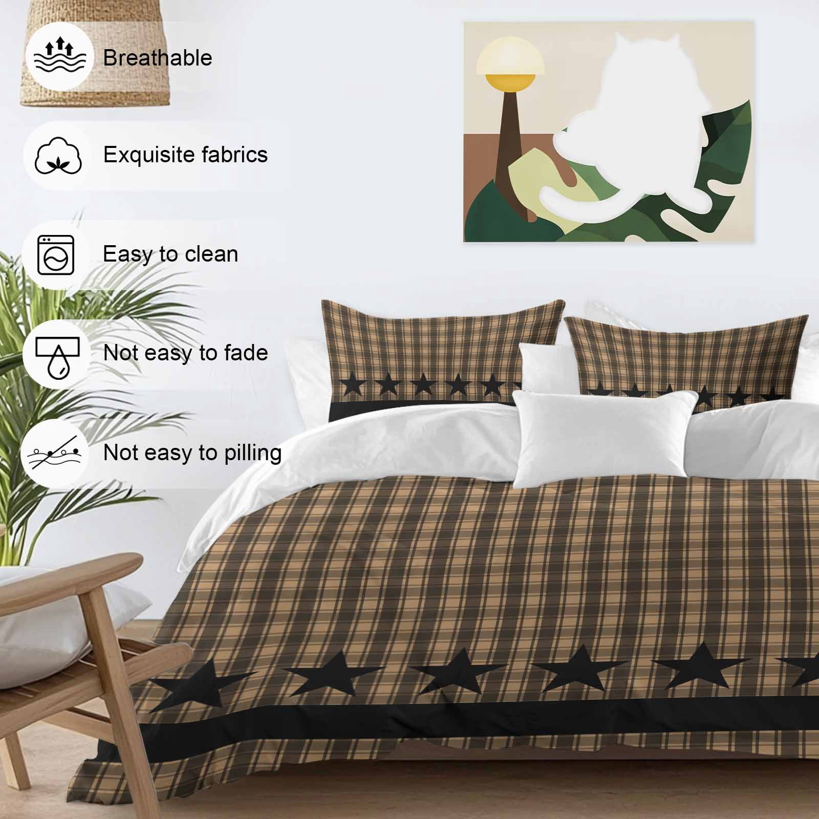 Brown Black Plaid Bedding 3 Piece Duvet Cover Set Twin Size, Vintage Rustic Star Buffalo Check Soft Microfiber Comforter Cover with Zipper Closure & Pillowcases, Wrinkle & FadeResistant Quilt Cover