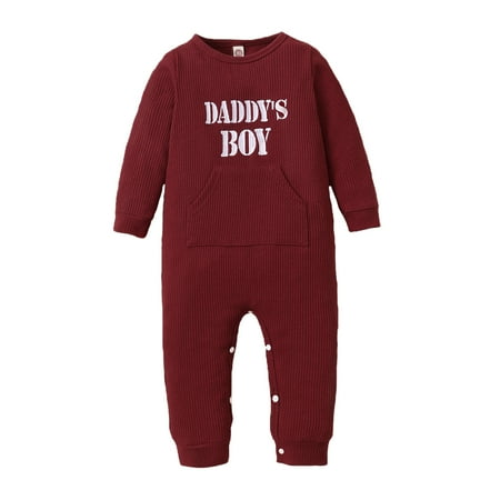

KIMI BEAR Infant Boys Rompers 12 Months Infant Boy Autumn Bodysuits 18 Months Infant Boy Casual DADDY’S BOY Letter Print Waffle Striped Long Sleeve Jumpsuits Burgundy