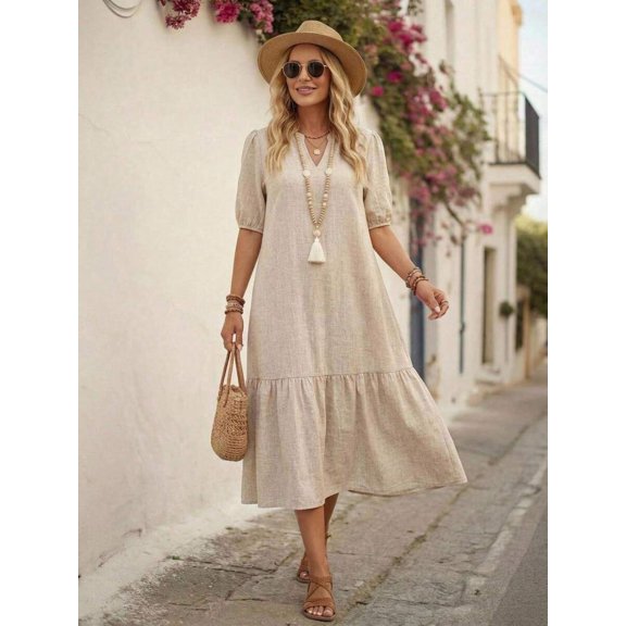 Womens Khaki Casual Boho V-Neck Midi Dress