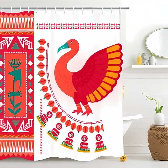 Rideau de Douche Oiseau Rouge et Orange Vibrant avec Queue Ornée - Design d'Art Folklorique Pièce Décorative pour Salle de Bain