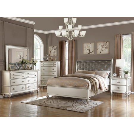 royal antique silver color 4pc bedroom set eastern king size bed dresser  mirror nightstand accent tufted hb bedframe