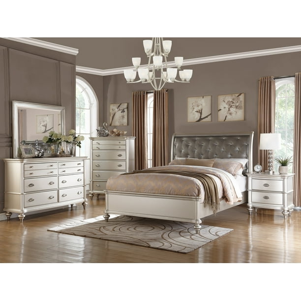 Royal Antique Silver Color 4pc Bedroom Set Eastern King Size Bed