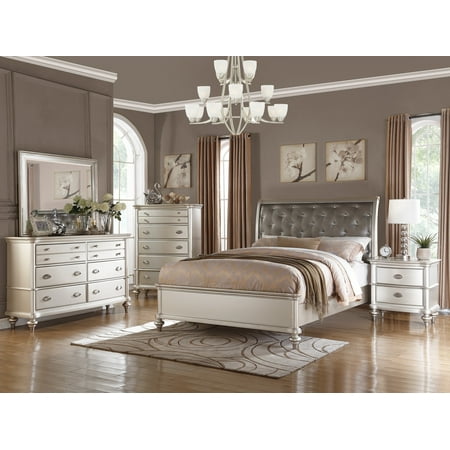 royal antique silver color 4pc bedroom set california king size bed dresser  mirror nightstand accent tufted hb bedframe