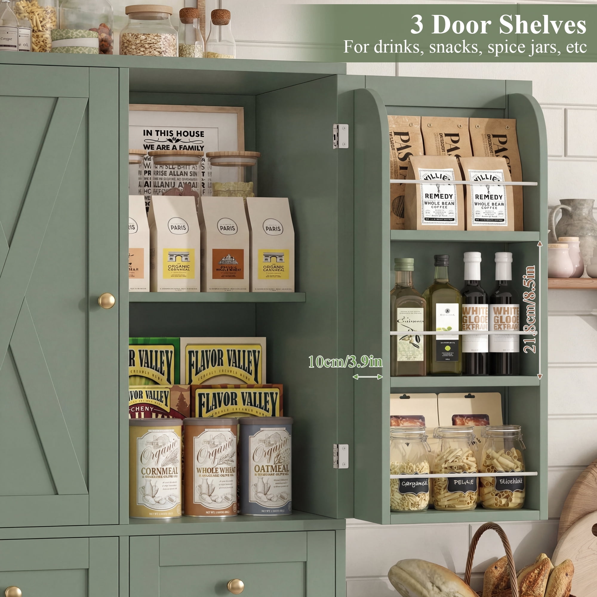 Hiphuta 67" Tall Farmhouse Kitchen Pantry Storage Cabinet with Door Shelves, 43" Wide Large Cupboard Hutch with 3 Drawers, Green