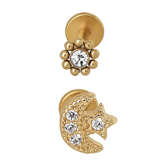 No Boundaries Gold Tone Stainless Steel Moon Flatback Cartilage Earrings, 2 Piece Set
