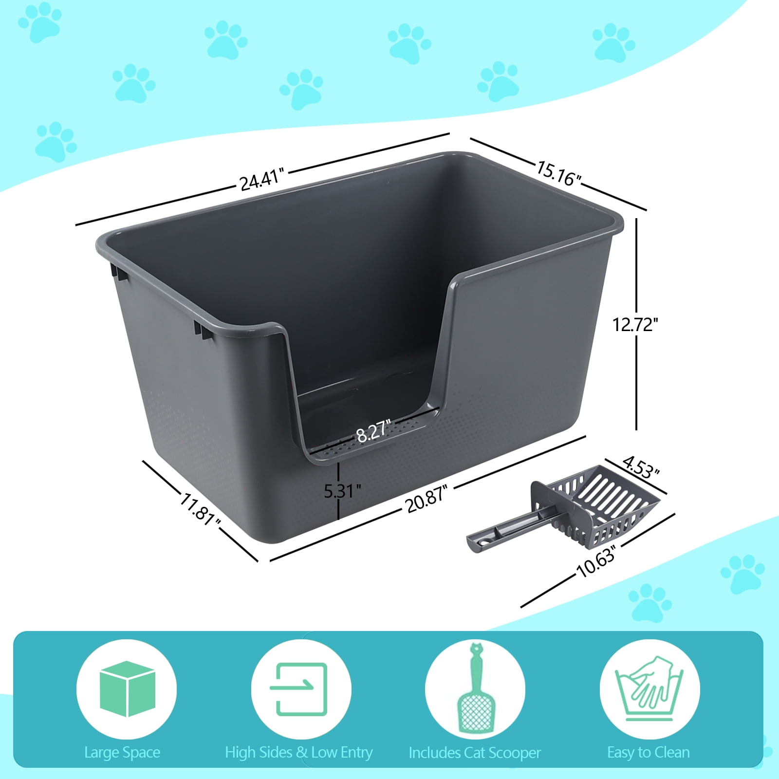 Doryh 2-Pack Plastic Cat Litter Box High Sides, Large Cat Litter Box Basin with Scoop, Gray