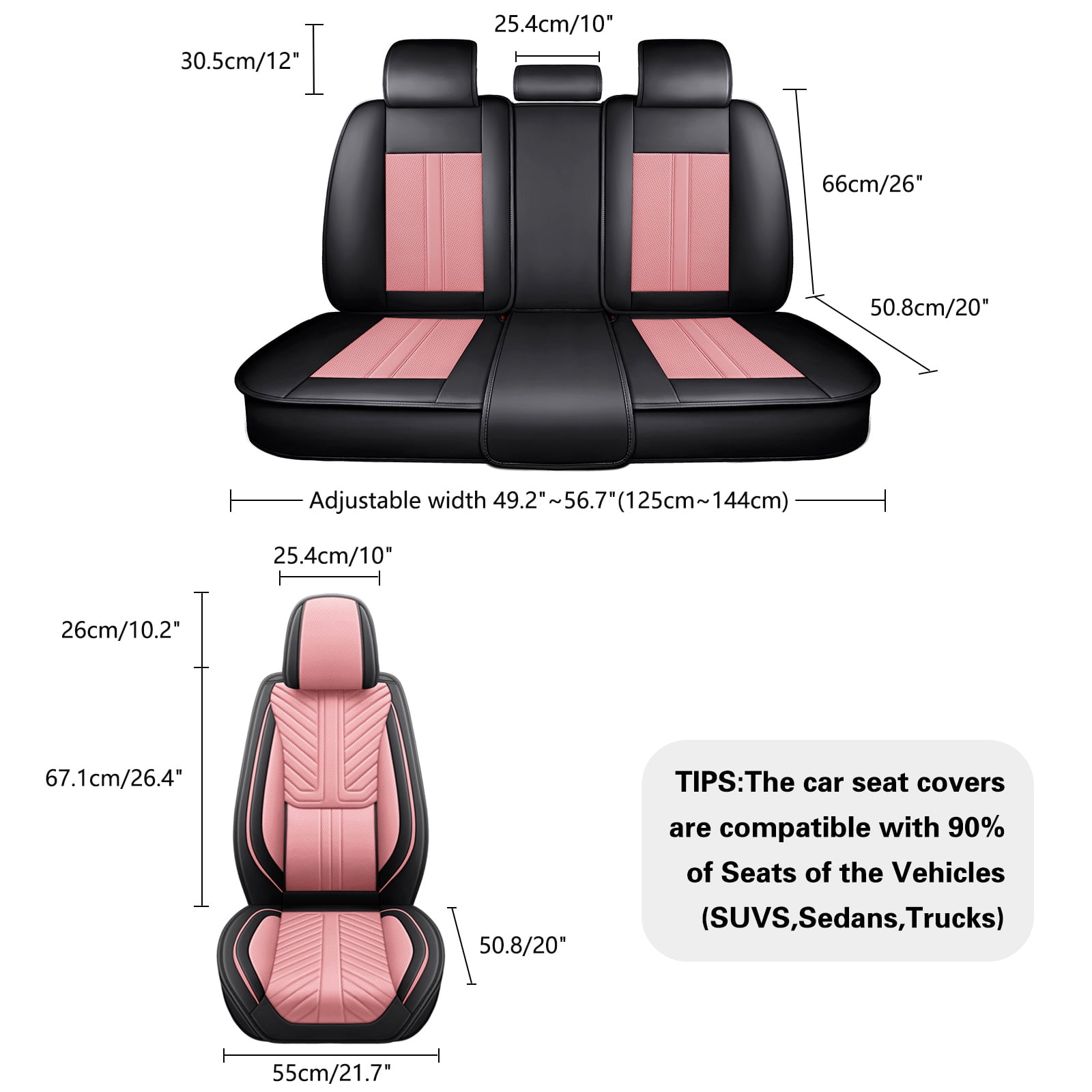 OTOEZ Universal Pink Car Seat Cover Nappa Leather 5-Seat Full Set Waterproof Front & Rear Cushion Protector Fit Most Honda Toyota Chevy Ford Nissan SUV