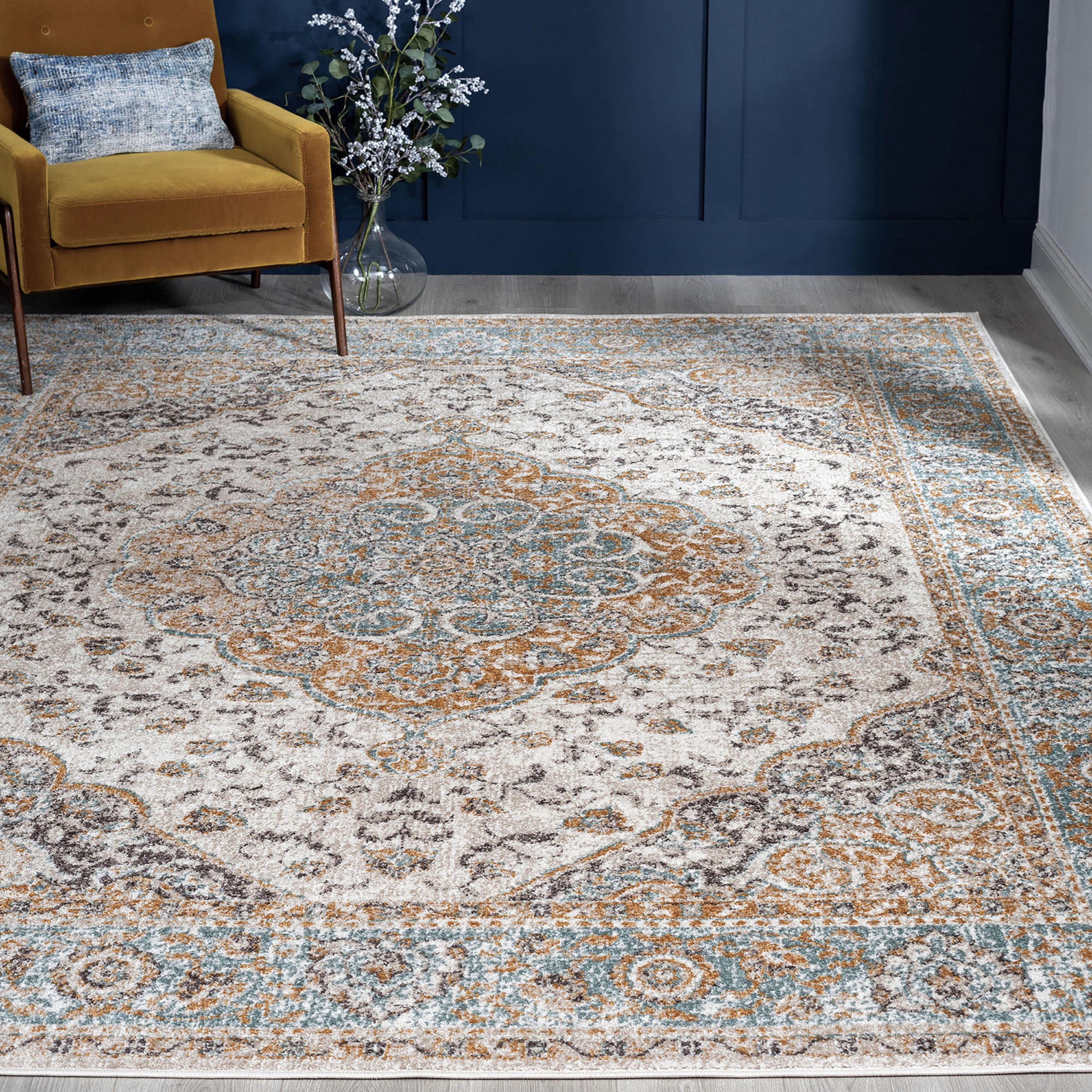 Traditional 9x12 Area Rug (8'9'' x 12'2'') Medallion Terra, Aqua Living Room Easy to Clean