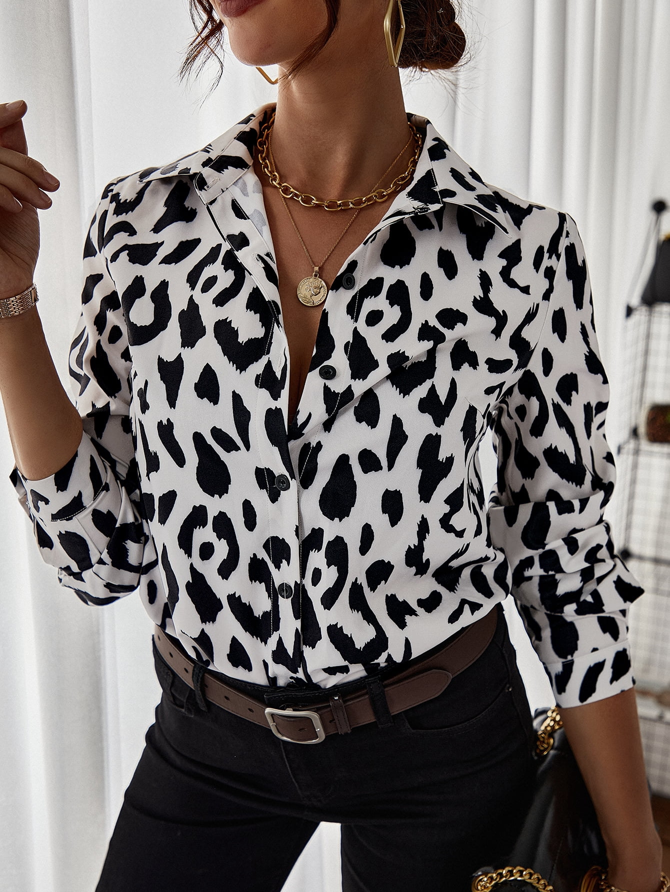 Black and White Leopard Print Button Up 