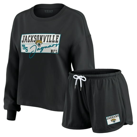 Women's WEAR by Erin Andrews Black Jacksonville Jaguars Heavy Rugby Jersey Long Sleeve T-Shirt & Shorts Lounge Set