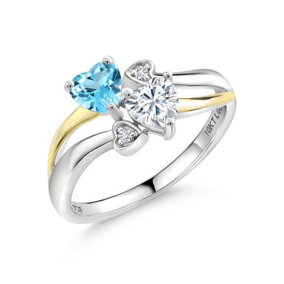 Gem Stone King 925 Silver and 10K Yellow Gold Swiss Blue Topaz and White Moissanite and White Lab Grown Diamond Ring for Women (0.99 Cttw, November Birthstone, Heart Shape 5MM, Size 8)