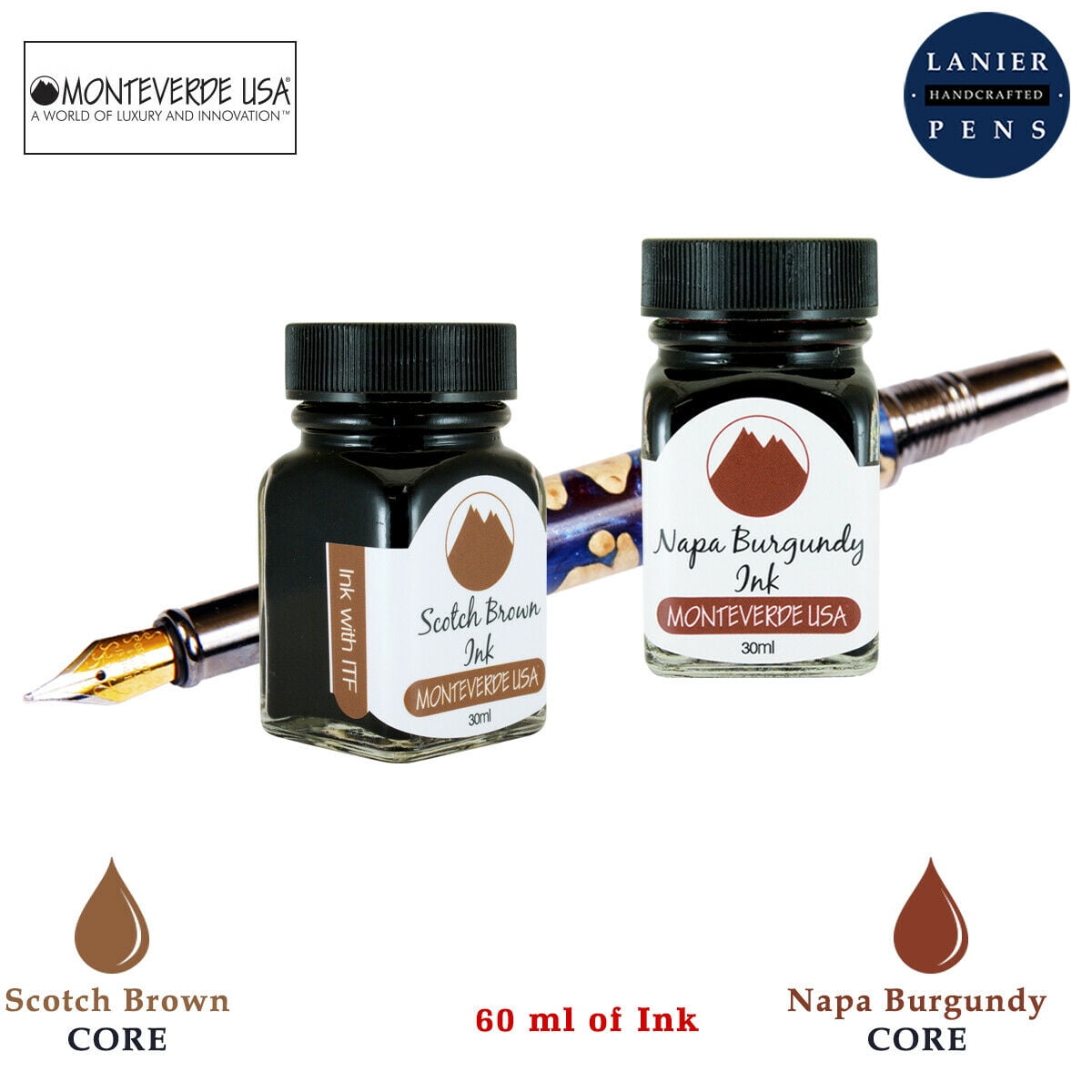 Monteverde 60ml Core Fountain Pen Ink Bottle (30ml Scotch Brown Ink Bottle G309SB, 30ml Napa Burgundy Ink Bottle G309NB)