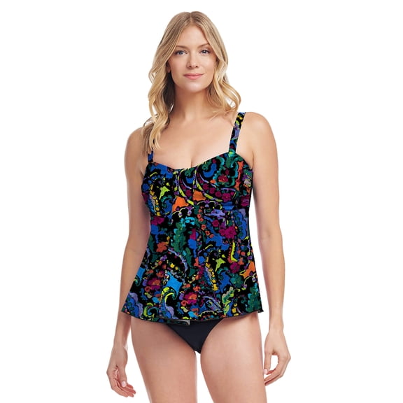 Women’s Bandeau Tankini Swim Top with Waterfall Drape Tummy Control | Mediterranean Paisley Black | Mazu Swim