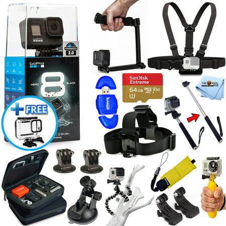 GoPro HERO8 HERO 8 Black Edition All In 1 PRO ACCESSORY KIT with SanDisk 64GB, 3-Way Tripod, Medium Case, Head and Chest Strap, Selfie Stick and Much More