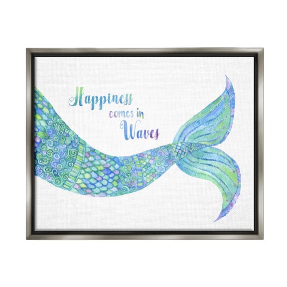 Stupell Industries Happiness Comes in Waves Detailed Mermaid Tail Sentiment Painting Luster Gray Floating Framed Canvas Print Wall Art, Design by Jackie Decker