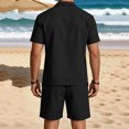 thumbnail image 5 of Fwqbns Men's Summer Casual Loose Fit Elastic Waist Shorts and Short Sleeve Button Up Shirt Set with Pockets, Breathable Solid Color Outfit Black, 5 of 6
