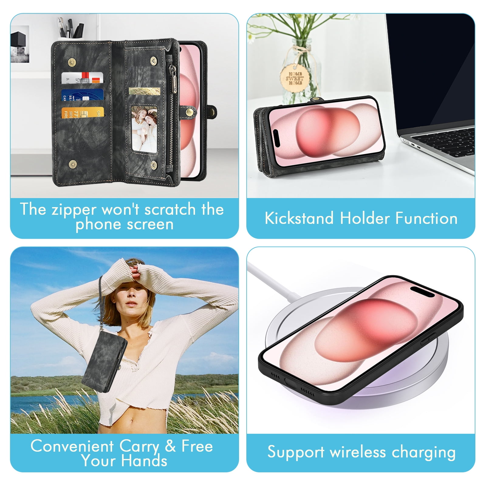 Asuwish Compatible with iPhone 15 6.1 inch Phone Case Zipper Wallet Detachable Tempered Glass Screen Protector Crossbody Lanyard Strap Flip Card Holder Cell Cover for i Phone15 i15 15Case Women Black