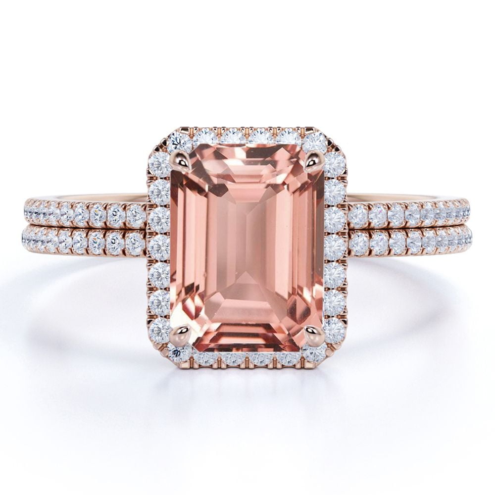 JeenMata 2 Carat Emerald cut created morganite and Moissanite Bridal Wedding Ring Set with Engagement Ring and Wedding Band in 18k Gold Over Silver