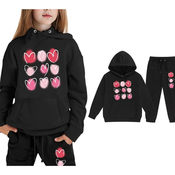 LIUYUNNN Kids Toddler Sweatsuit 2 Piece Long Sleeve Pullover Black Heart Hooded Sweatshirt and Sweatpants Winter Clothes Girls Sets 8-9 Years Boys Girls Autumn and Winter Outfits